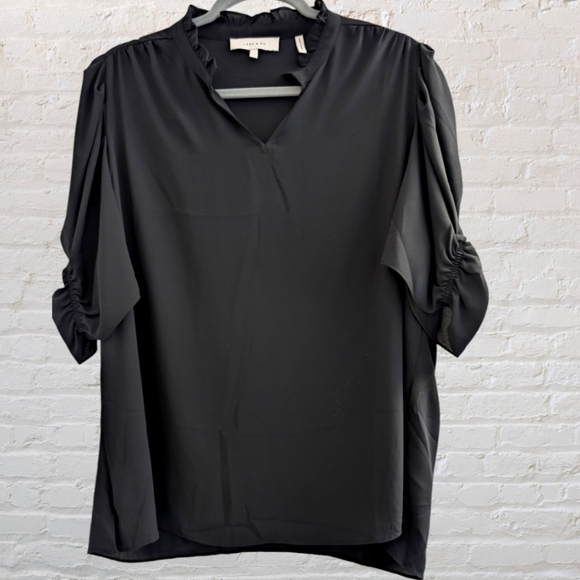 Lark & Ro Women's Georgette Half Sleeve Ruffle Neck Woven Blouse Black Size XL - Picture 1 of 4
